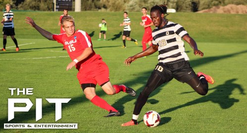 Soccer photo from exhibition game Oakland University vs. Saginaw Valley State University.